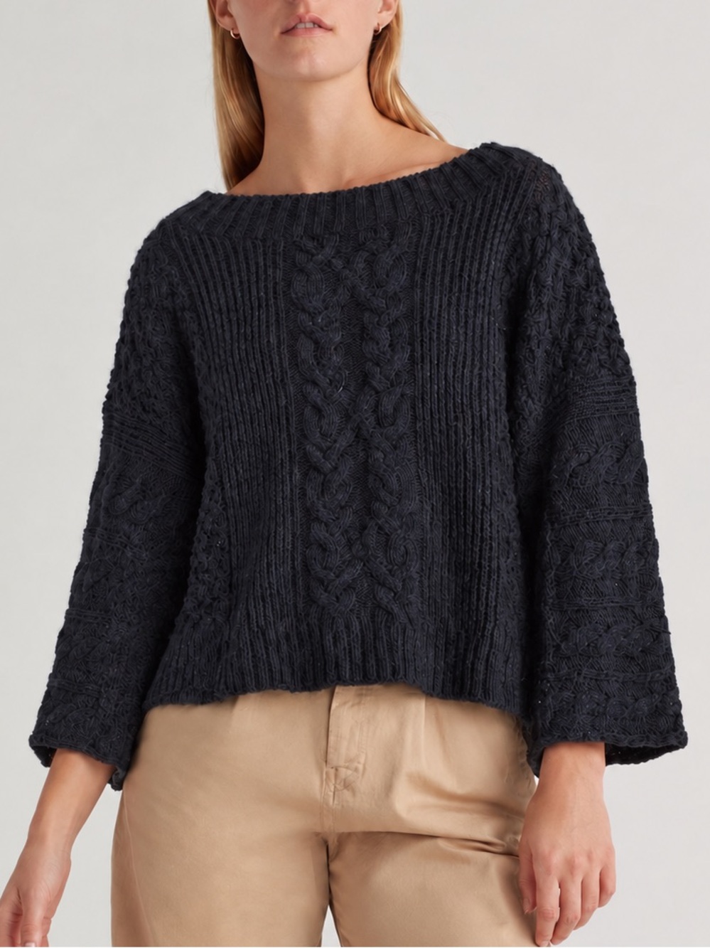 Dark Navy Cable-Knit Wool Sweater -